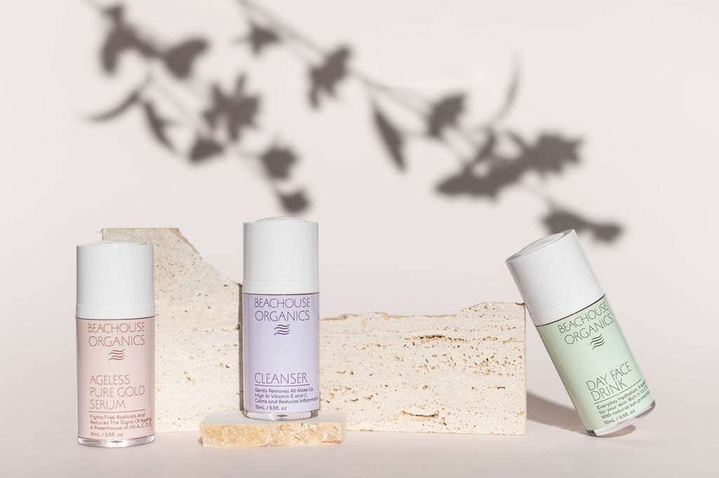 cleanser moisturiser and serum in a skincare travel set. trial kit